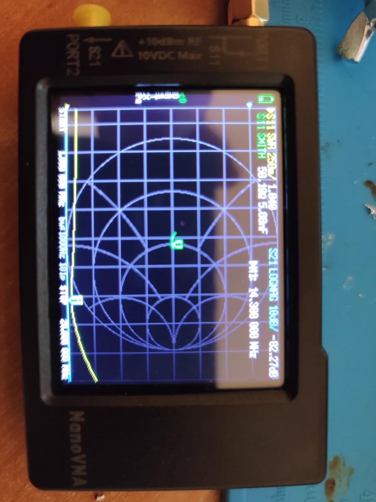 NanoVNA screen: 50.19 Ω, SWR 1.040 at the marker on 14.300 MHz